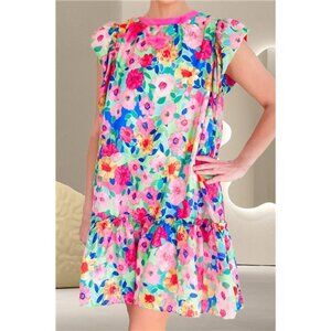 Ruffled Printed Round Neck Cap Sleeve Mini Dress
